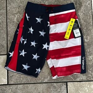 O'Neill Boys size 7X Stars and Stripes Board Shorts  - Navy, Red, and White